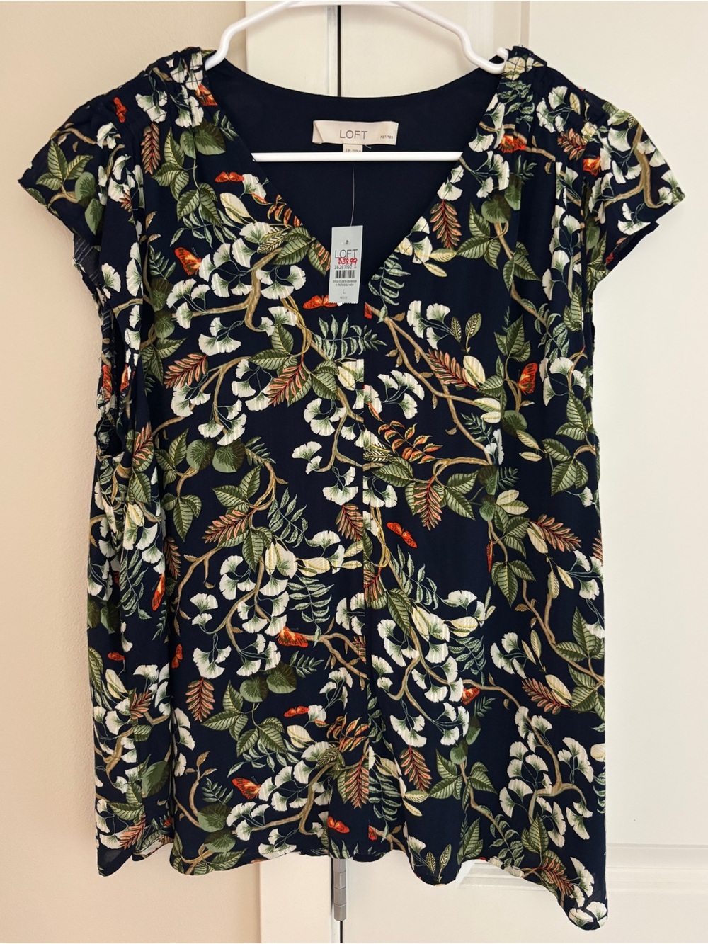 New! Petite Leafed Smocked Shoulder Flutter Sleeve Top, Floral Shell Blouse